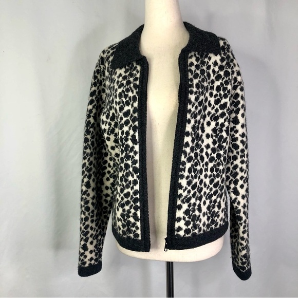 VINTAGE Casual Corner fair isle zip front cardigan wool grey ivory M - Picture 2 of 9